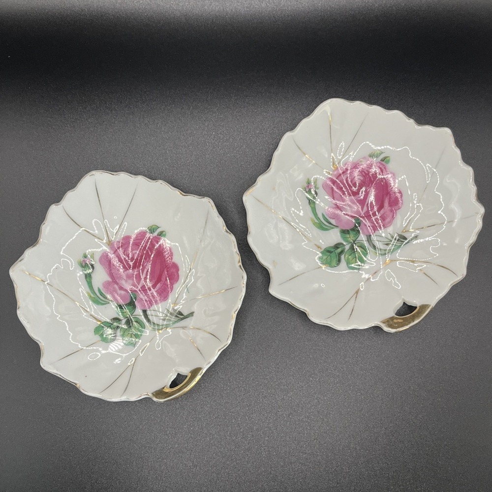 Pair of 2 Vanity Trinket Tea Dishes Made in Japan Rose‎ Pattern w/ Gold Gilding